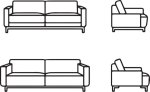 Line drawing of a two-seater sofa from multiple angles, including front and side views.