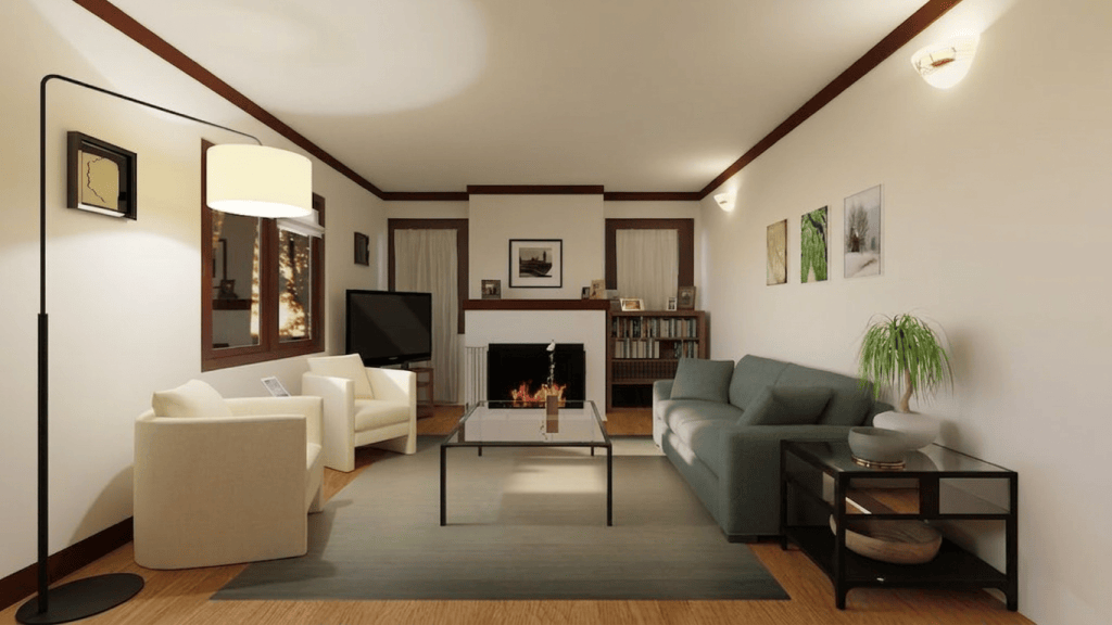 IMG_7878 Modern living room interior with a green sofa, light-colored armchairs, a glass coffee table, and a flat-screen TV, featuring a decorative fireplace and artwork on the walls.