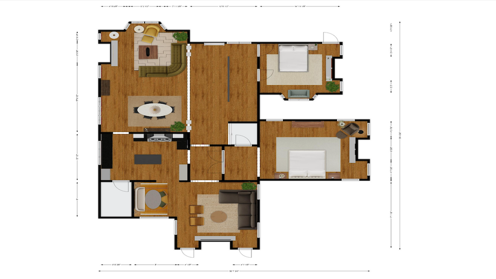 Screenshot 2026-09-15 at 4.27.05 PM Floor plan of a modern apartment featuring two bedrooms, a living room, a dining area, and a kitchen, with labeled dimensions.